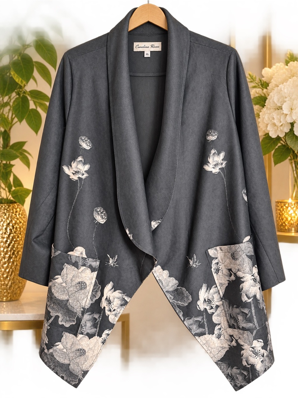 Charcoal Floral Open-Front Cardigan Jacket